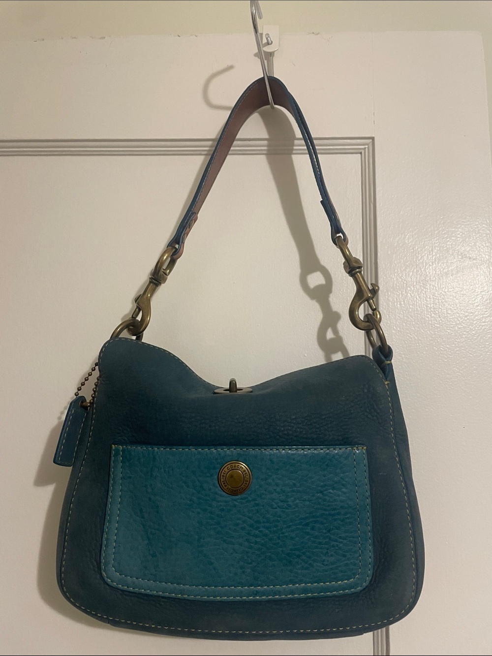 Vintage Coach Two-Tone Teal Nubuck Leather Shoulder Bag
